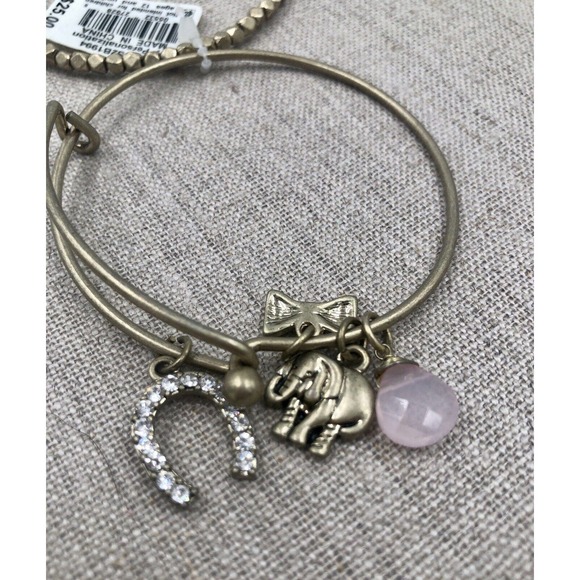 FREE W/PURCHASE Macy's Wire Bangle Bracelet Set Brass Charm Pink Stone Horseshoe - Picture 1 of 7